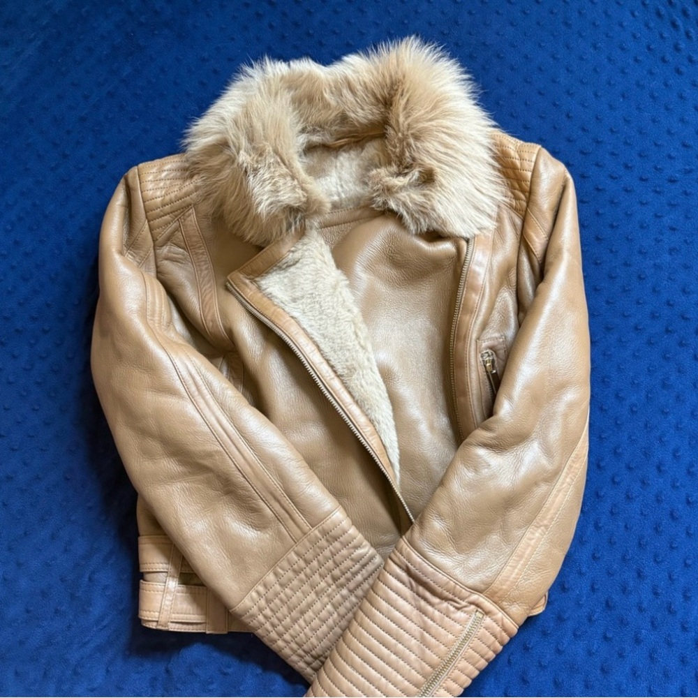 Karen Millen Leather Multi Stitch Cuff Shearling Lined Coat